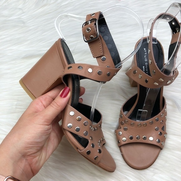 New AGL Tan Studded Ankle Wrap Leather Block Heels - Picture 3 of 14